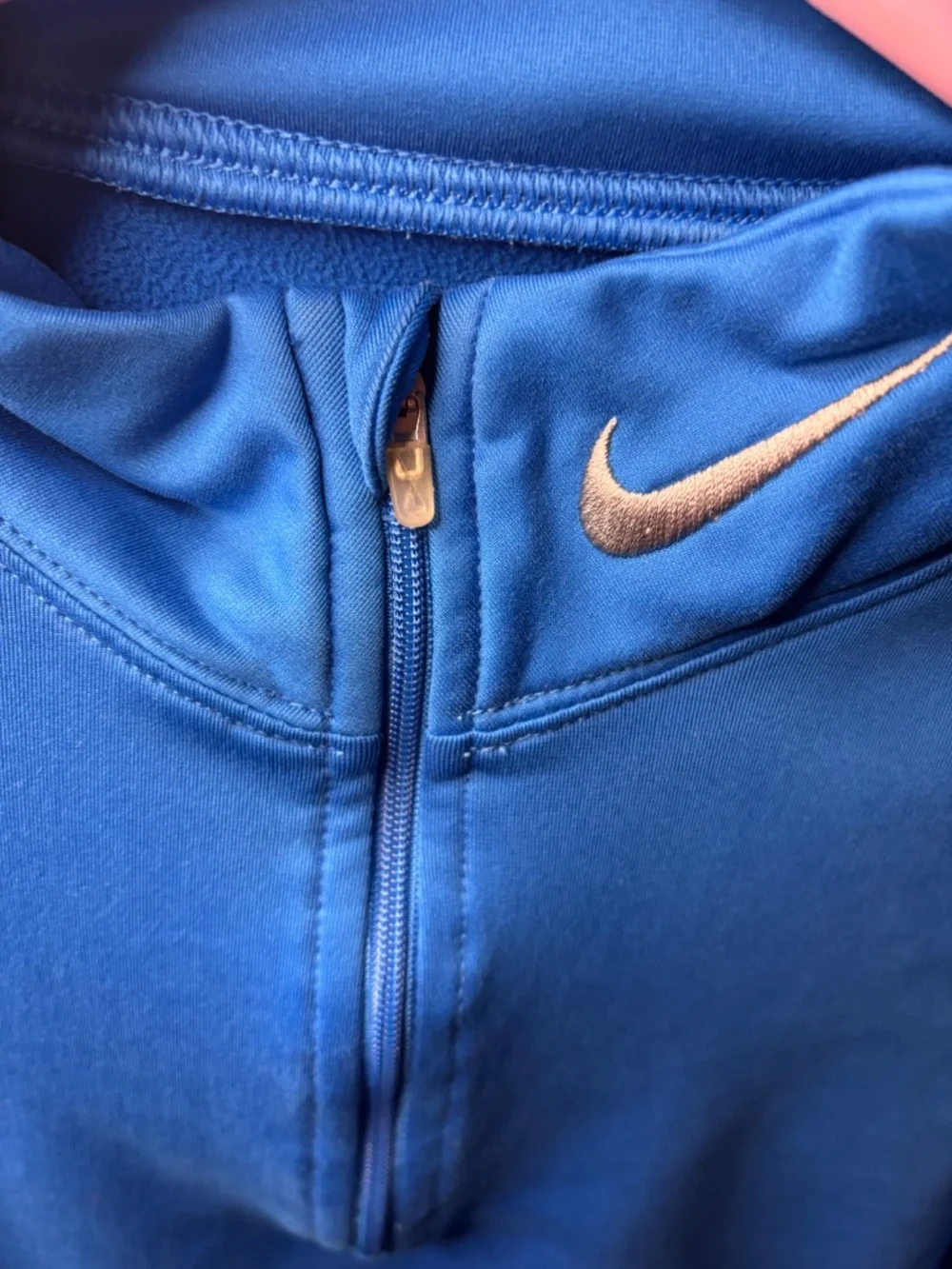 Nike Women's M Blue Fit Dry 1/4 Zip Fleece Pullover White Swoosh Long Sleeve